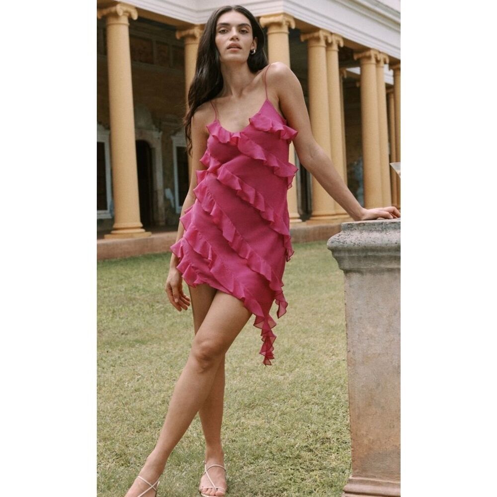 NWT Abercrombie & Fitch Vibrant Pink Asymmetric Ruffled Mini Dress Vneck adjusta